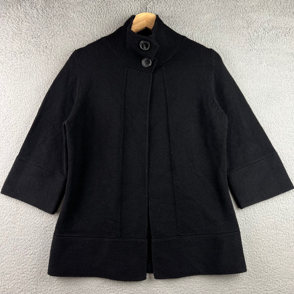 Patagonia Black Mock Neck Button Open Front Knit Cardigan Sweater 3/4 Sleeve